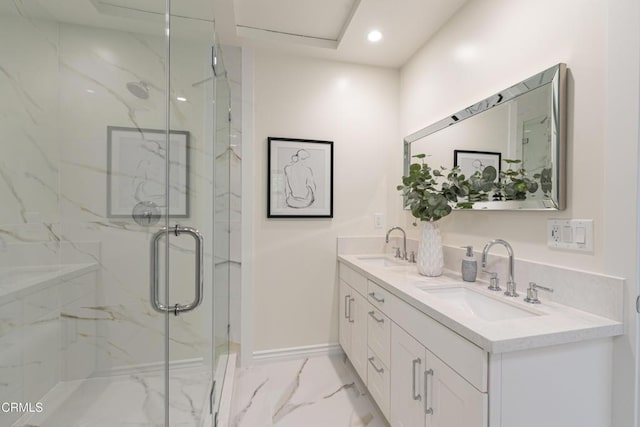 313 N Sunnyside Ave, Sierra Madre, CA 91024 - full bath featuring baseboards, a sink, marble finish floor, and a marble finish shower