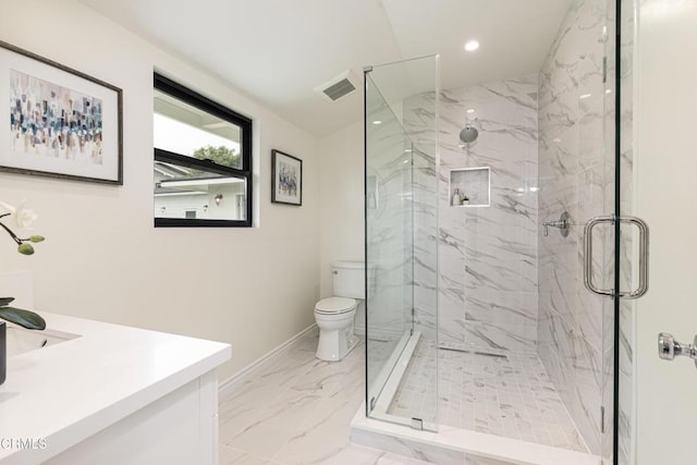 313 N Sunnyside Ave, Sierra Madre, CA 91024 - bathroom with toilet, visible vents, a marble finish shower, and marble finish floor