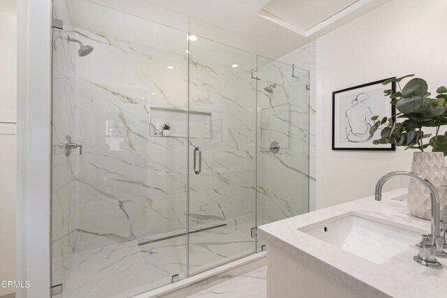 313 N Sunnyside Ave, Sierra Madre, CA 91024 - full bathroom with a marble finish shower, vanity, and marble finish floor