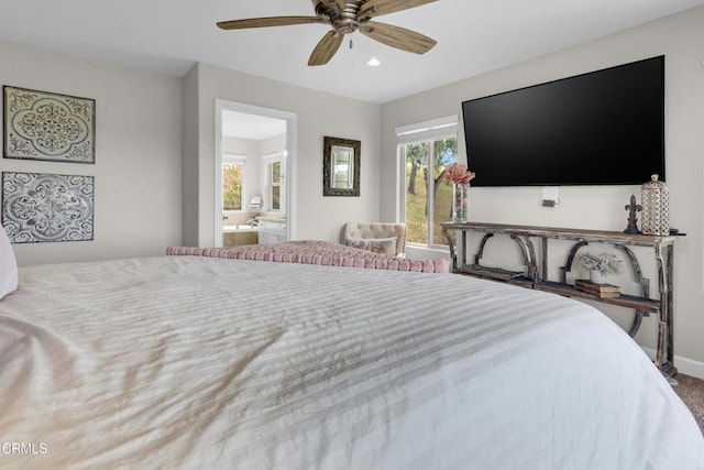 bedroom featuring connected bathroom, recessed lighting, baseboards, and ceiling fan