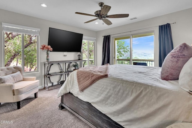 bedroom featuring visible vents, baseboards, access to outside, carpet, and recessed lighting