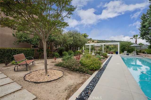 pool featuring a pergola and a patio area