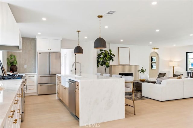 kitchen with appliances with stainless steel finishes, a sink, light wood-style flooring, recessed lighting, and visible vents