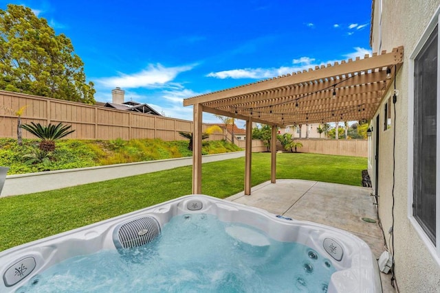view of swimming pool with a fenced backyard, a yard, a pergola, and an outdoor hot tub