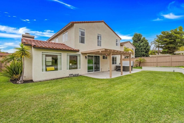 back of property with a chimney, a fenced backyard, a patio, a pergola, and stucco siding