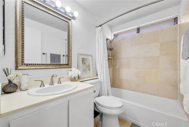 full bath featuring toilet, shower / bathtub combination with curtain, and vanity