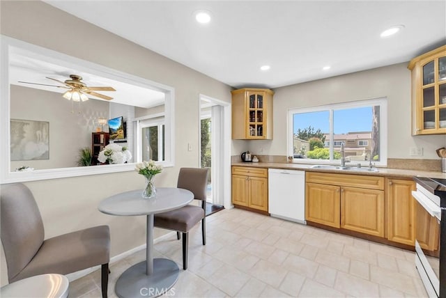 kitchen featuring a sink, white dishwasher, electric range, and a wealth of natural light