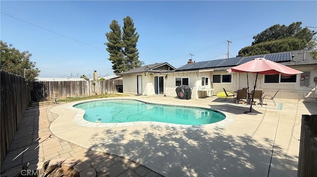 view of swimming pool featuring a fenced in pool, a fenced backyard, and a patio area
