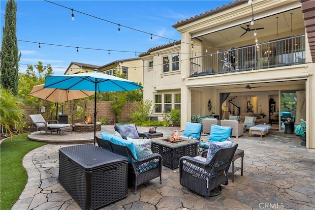 11 Cielo Arroyo, Mission Viejo, CA 92692 - patio / terrace featuring an outdoor living space with a fire pit, a patio, and a ceiling fan