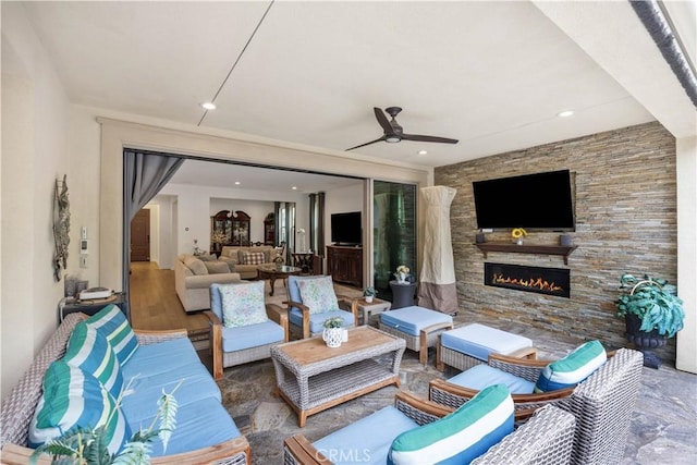 11 Cielo Arroyo, Mission Viejo, CA 92692 - view of patio with an outdoor living space with a fireplace and a ceiling fan