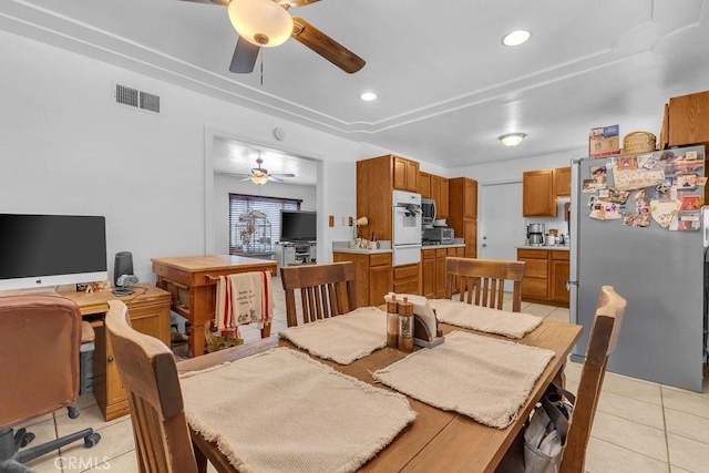 dining area with visible vents, recessed lighting, ceiling fan, and light tile patterned floors
