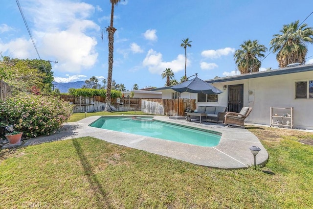 view of pool with a patio, a fenced backyard, an outdoor living space, a fenced in pool, and a lawn