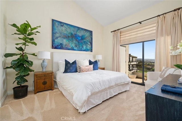 210 Lille Ln Unit 313, Newport Beach, CA 92663 - carpeted bedroom featuring vaulted ceiling, baseboards, and access to exterior