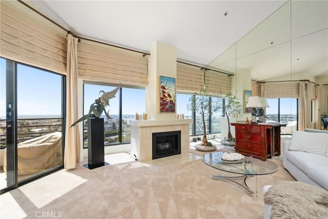 210 Lille Ln Unit 313, Newport Beach, CA 92663 - living area with carpet flooring, a wealth of natural light, vaulted ceiling, and a fireplace
