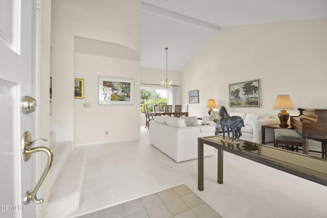 carpeted living room featuring high vaulted ceiling, baseboards, beam ceiling, and a notable chandelier