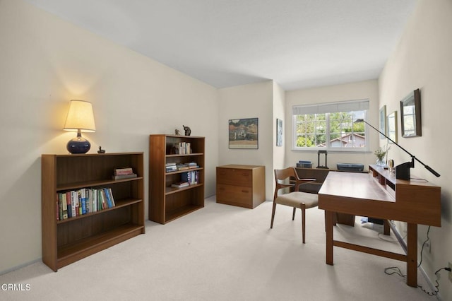 home office featuring light colored carpet