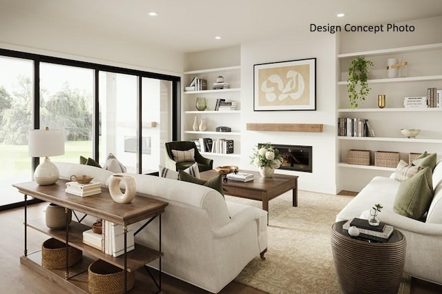 1736 Port Sheffield Pl, Newport Beach, CA 92660 - living area featuring a healthy amount of sunlight, a glass covered fireplace, recessed lighting, and built in shelves