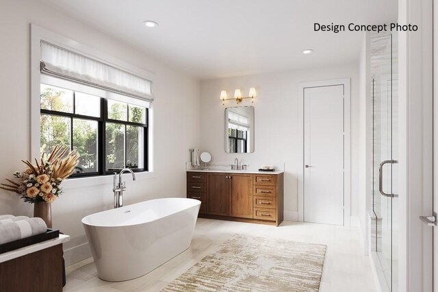 1736 Port Sheffield Pl, Newport Beach, CA 92660 - bathroom featuring vanity, recessed lighting, a freestanding tub, and a stall shower