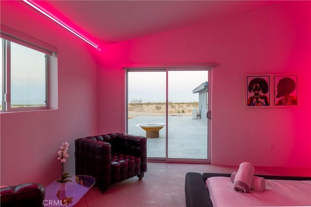60810 Cole Ln, Landers, CA 92285 - interior space with multiple windows, lofted ceiling, and access to exterior