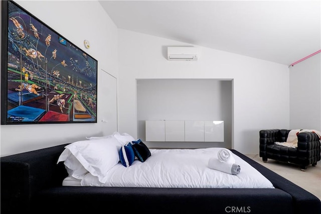60810 Cole Ln, Landers, CA 92285 - carpeted bedroom featuring a wall mounted AC and lofted ceiling