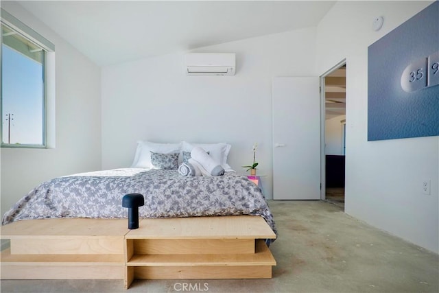 60810 Cole Ln, Landers, CA 92285 - bedroom with a wall unit AC and unfinished concrete floors