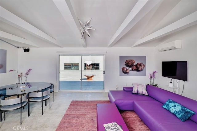 60810 Cole Ln, Landers, CA 92285 - living room featuring an AC wall unit and lofted ceiling with beams