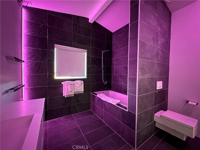 60810 Cole Ln, Landers, CA 92285 - bathroom with tile patterned flooring, tiled shower / bath combo, and beam ceiling