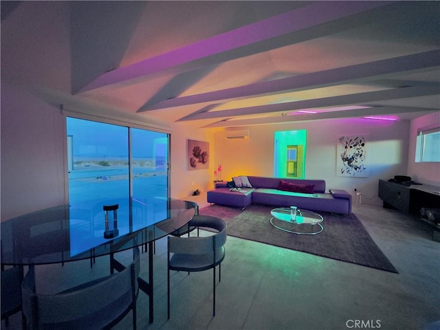 60810 Cole Ln, Landers, CA 92285 - living area with an AC wall unit, beamed ceiling, and carpet floors
