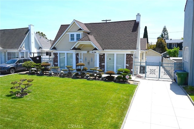 view of front of home featuring fence, a gate, roof with shingles, and a front lawn