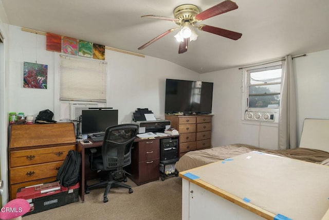 carpeted bedroom featuring a ceiling fan, lofted ceiling, and cooling unit