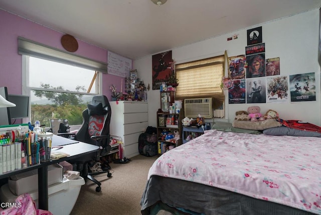 bedroom featuring carpet flooring and cooling unit