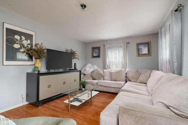 living area with baseboards and wood finished floors