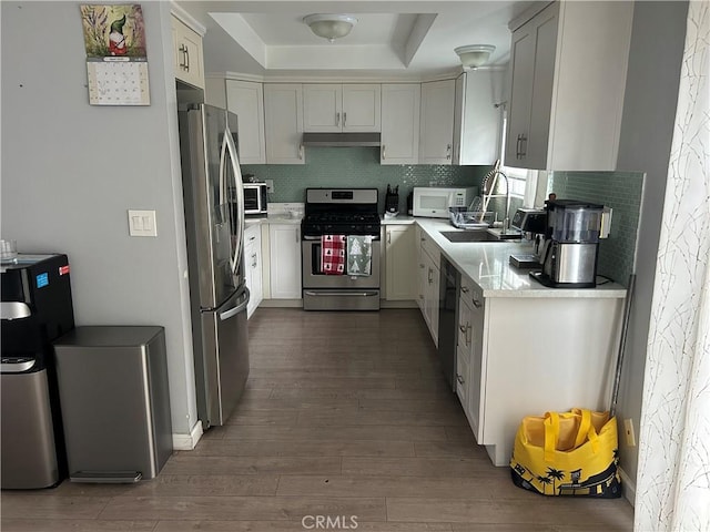 kitchen with appliances with stainless steel finishes, dark wood-style floors, a sink, and tasteful backsplash