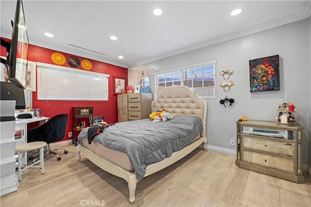 bedroom with recessed lighting, ornamental molding, baseboards, and wood finished floors