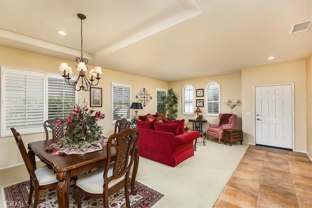 28345 Hearthside Dr, Menifee, CA 92584 - dining room featuring a chandelier, recessed lighting, and light carpet