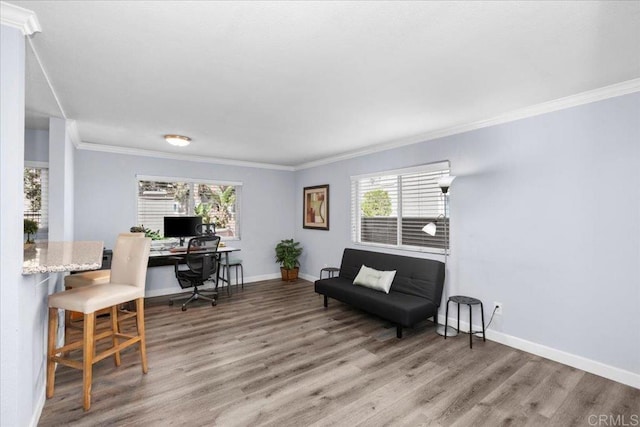 office space with crown molding, plenty of natural light, and light wood finished floors