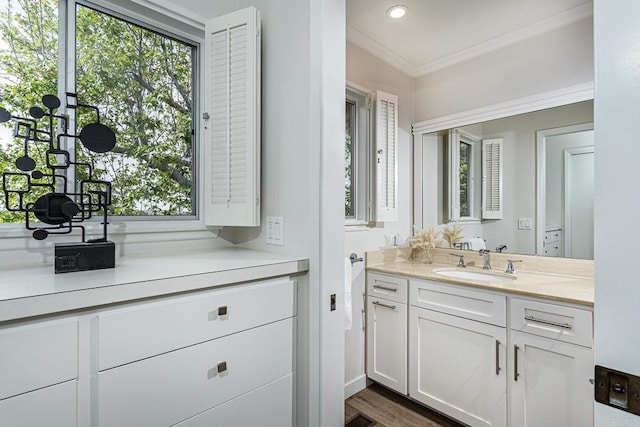 bathroom with plenty of natural light, ornamental molding, and vanity
