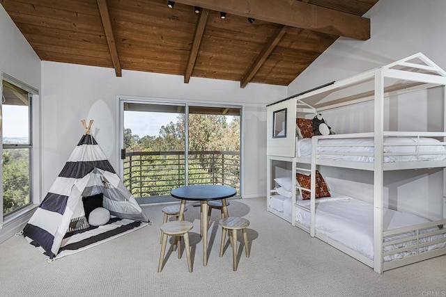 bedroom with access to exterior, wooden ceiling, baseboards, carpet floors, and vaulted ceiling with beams
