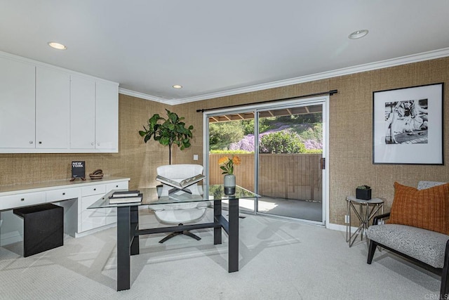 office area featuring crown molding, recessed lighting, and light colored carpet