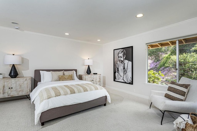 bedroom featuring crown molding, baseboards, carpet, and recessed lighting