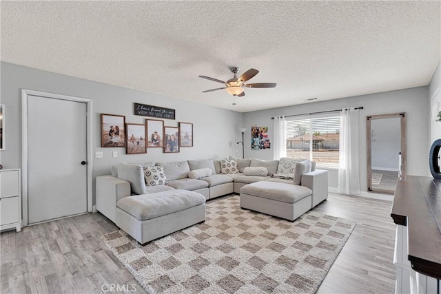 12546 Snapping Turtle Rd, Apple Valley, CA 92308 - living room featuring light wood-type flooring, a textured ceiling, and ceiling fan
