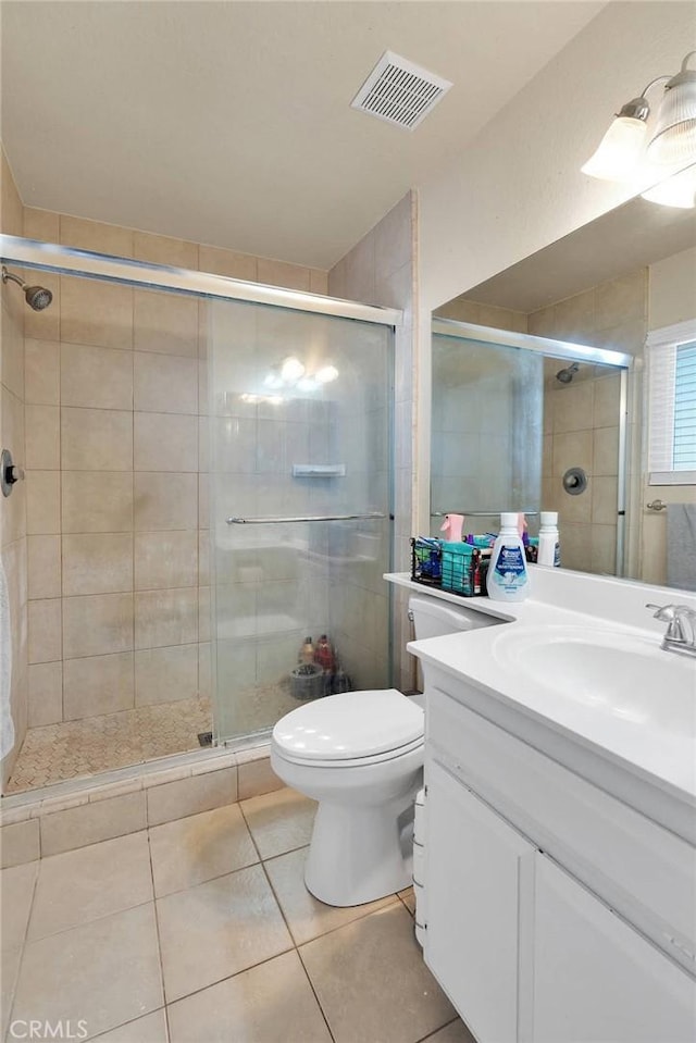 full bathroom with tile patterned flooring, a shower stall, toilet, and visible vents