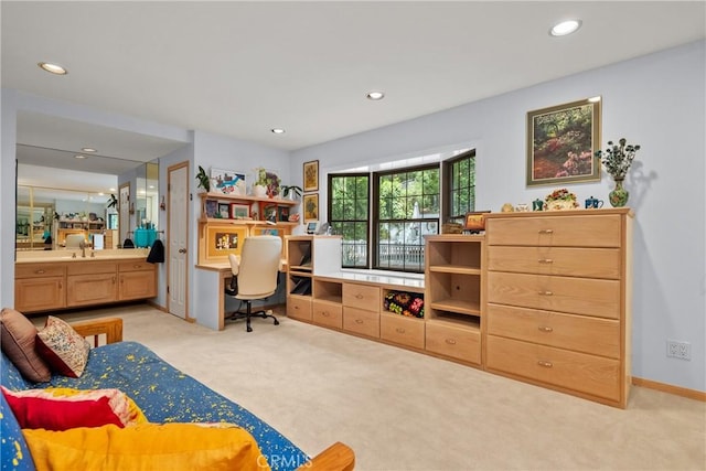 office space with recessed lighting and light colored carpet