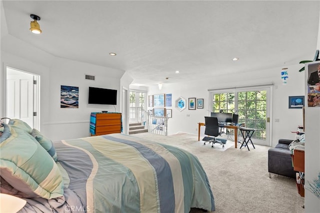 carpeted bedroom featuring access to outside, visible vents, and recessed lighting