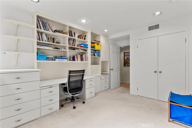office featuring light colored carpet, recessed lighting, and visible vents