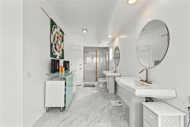 bathroom featuring toilet, marble finish floor, recessed lighting, baseboards, and a stall shower