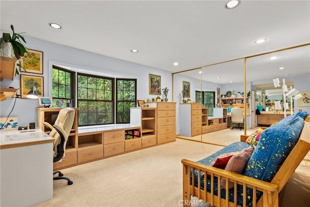 office with recessed lighting and carpet flooring