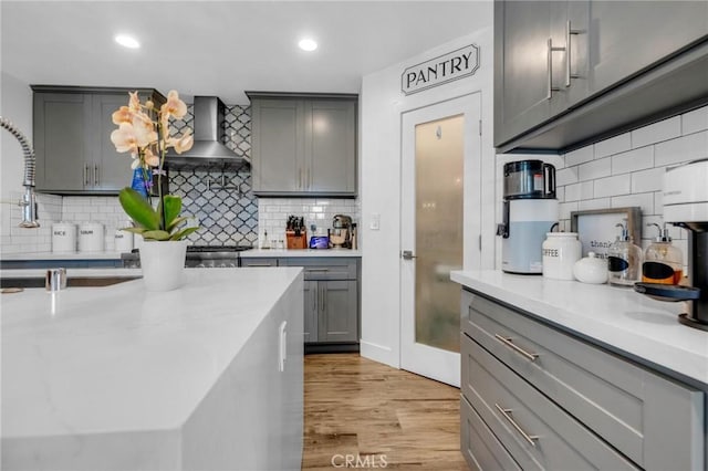 kitchen with gray cabinetry, decorative backsplash, and wall chimney exhaust hood