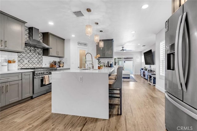 kitchen with gray cabinets, decorative backsplash, appliances with stainless steel finishes, a sink, and wall chimney exhaust hood