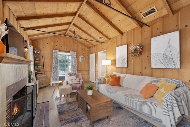 3241 Mills Ln, Crescenta, CA 91214 - living room with wood walls, wooden ceiling, and a lit fireplace